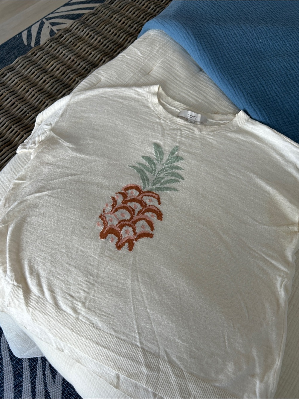 LOFT Cream summer weight sweater with Pineapple Graphic in Brown and Green